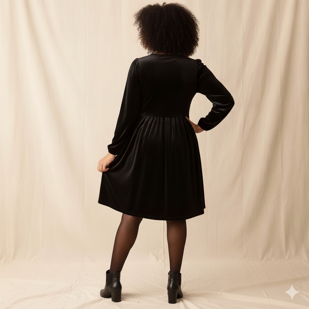 Ava & Viv Black Velvet Long Sleeve Sweetheart Neck With Pockets & Rose Dress 1X - Picture 2 of 8